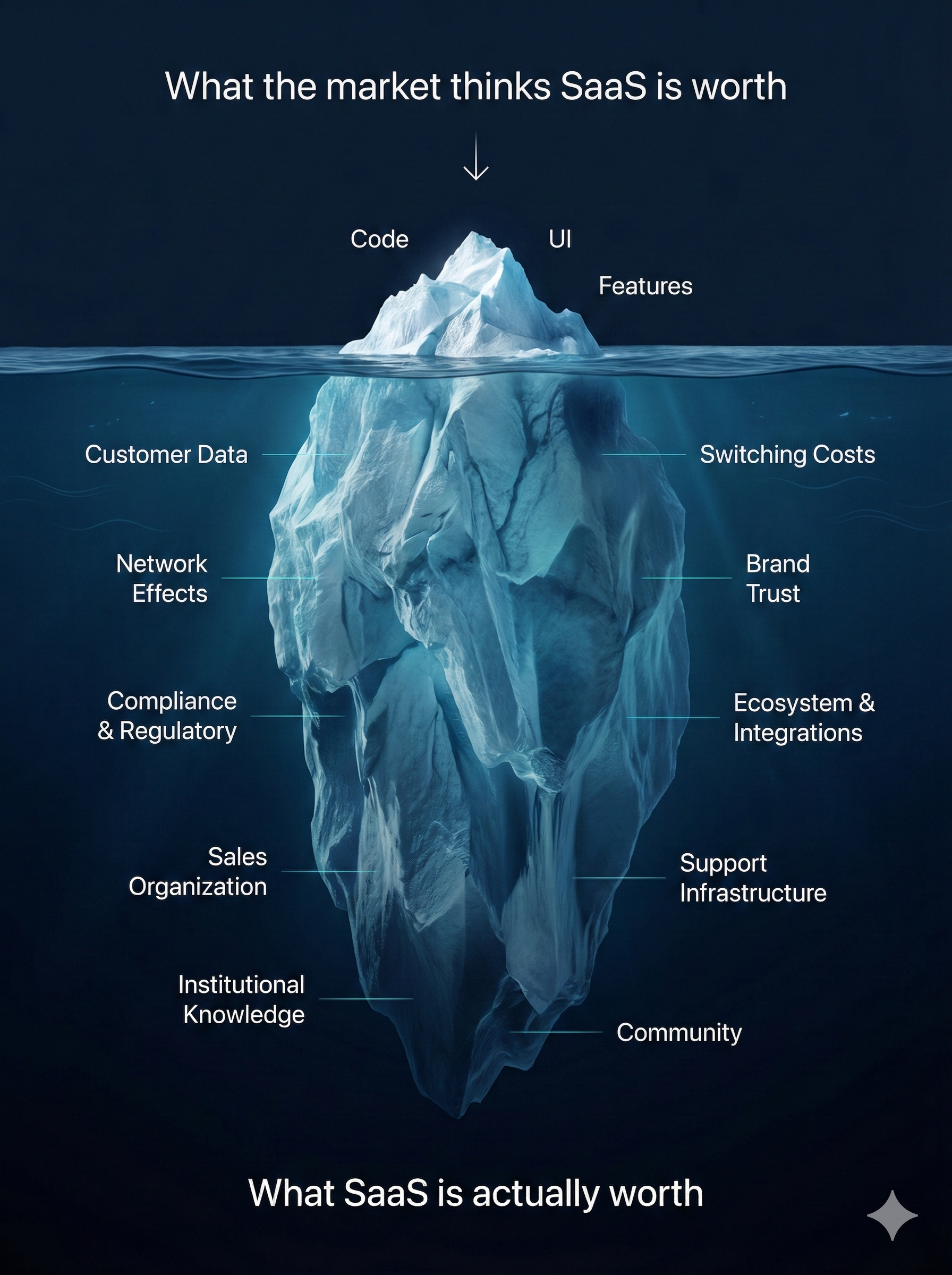 What the market thinks SaaS is worth vs what SaaS is actually worth - iceberg infographic