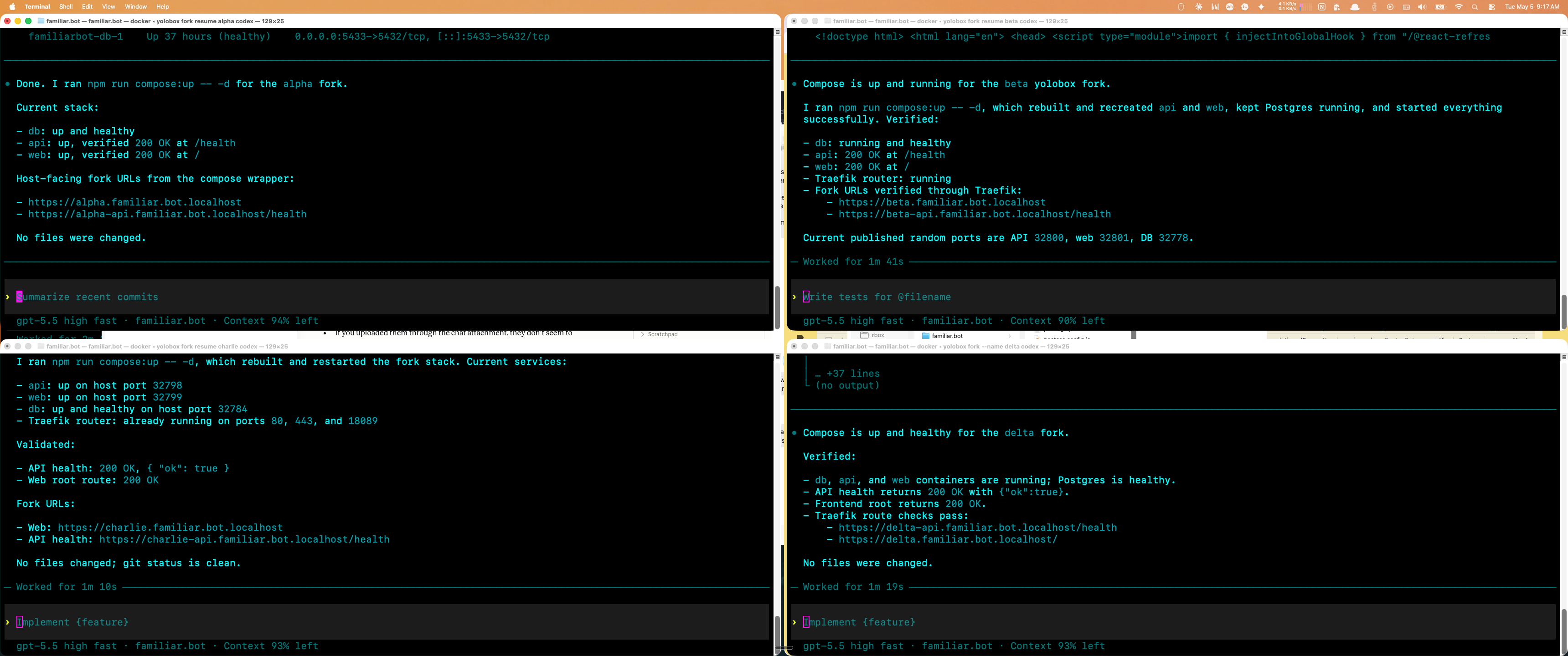 Four terminal panes running coding agents in parallel, each in a separate fork environment with its own Compose stack