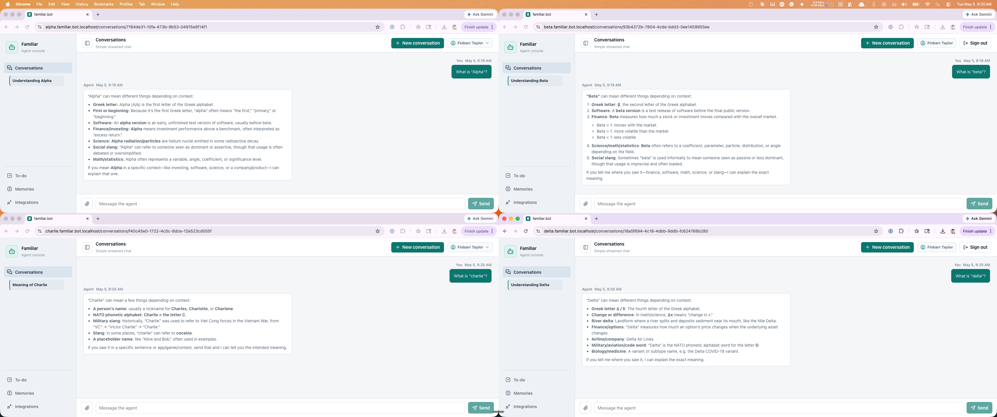 Four browser windows each pointing at a different .localhost subdomain for a different fork environment